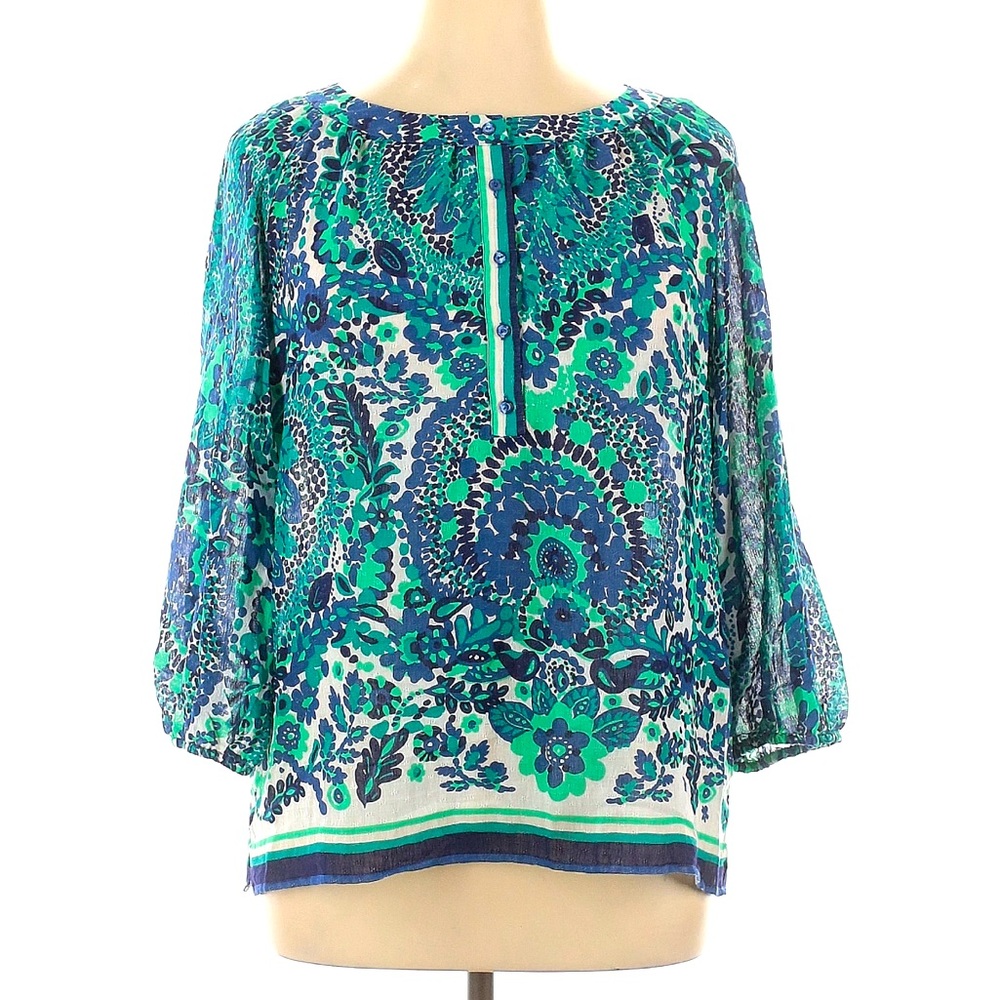 Trina Turk designer resort blouse in teal and blue size medium.